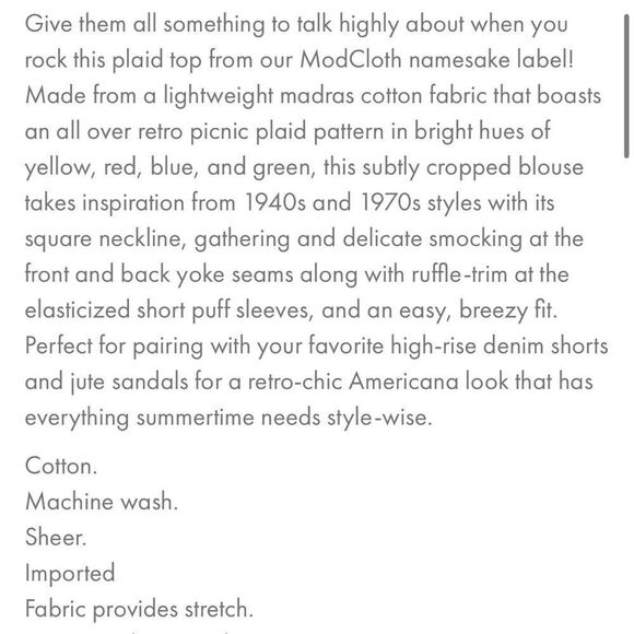 JCrew Smocked Cotton Crop Top Summer Madras Plaid Checkered Orange Blue S - Picture 8 of 11